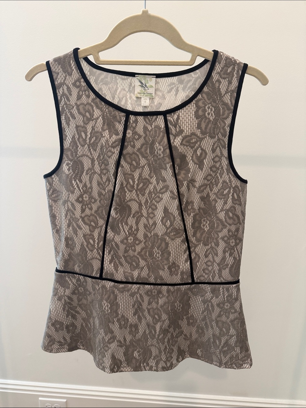 Weston Wear Taupe Lace-Print Sleeveless Peplum Top with Black Trim